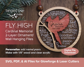 Archivos láser SVG, PDF, AI – Adorno conmemorativo Fly High Cardinal/Colgante de pared - Glowforge y LightBurn Ready