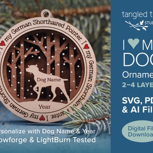 May include: Wooden ornament featuring a German Shorthaired Pointer silhouette within a forest scene. The text "I ❤️ my German Shorthaired Pointer" encircles the design. Includes space for personalization with a dog's name and year. The text "I ❤️ MY DOG" is also visible.