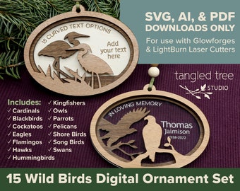 Laser-Cut SVG Files – 15 Bird Ornaments Set – Merry Christmas, First Christmas, Memorial, Holidays – No physical product – Glowforge-Ready