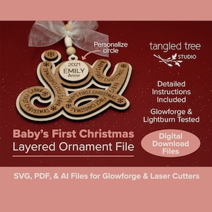 Archivos láser SVG/PDF – Primer archivo de adorno navideño de JOY Baby – Sin producto físico – Glowforge y LightBurn probados y listos