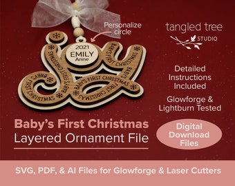 Archivos SVG para láser – Palabra "ALEGRÍA", Archivo para adorno del primer Navidad del bebé – Digital – Probado con Glowforge y LightBurn