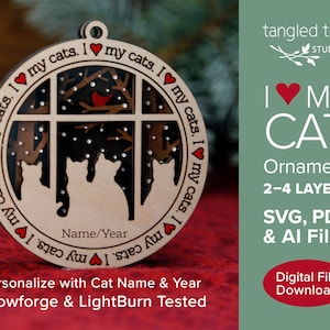 Ich liebe meine Katzen (vier Katzen) Ornament SVG/PDF Datei – Kein physisches Produkt – Laser Cut and Glowforge ready