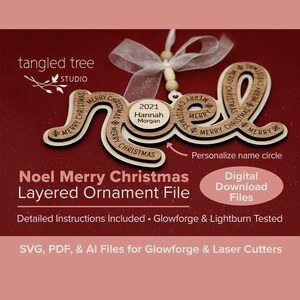 Laser SVG/PDF Files – NOEL Merry Christmas Ornament File – No physical product – Glowforge & LightBurn tested and ready to use