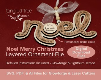 Archivos SVG para láser – Archivo de adorno navideño con la palabra "NOEL" – Sin archivo digital físico – Probado con Glowforge y LightBurn