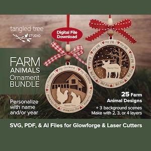 Laser SVG/PDF/AI Files – Farm Animal Ornament Bundle – No physical product – Glowforge & LightBurn tested and ready to use