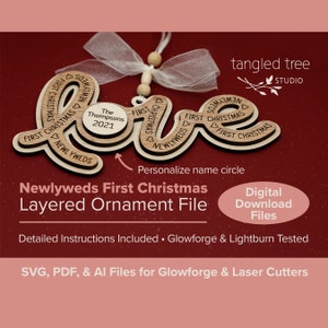 Fichiers Laser SVG/PDF – LOVE Newlyweds First Christmas Ornament File – Aucun produit physique – Glowforge & LightBurn testés et prêts