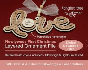 Archivos SVG para láser – Palabra «LOVE», Archivo para adorno navideño de recién casados – No es un producto físico – Probado con Glowforge y LightBurn