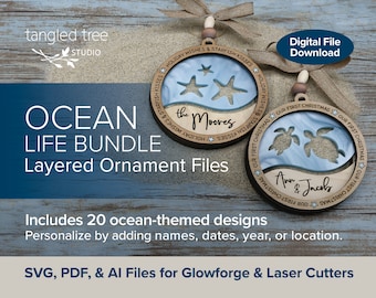 Laser SVG, PDF, AI Files – Ocean Life - Ornament Bundle - Glowforge and LightBurn Ready