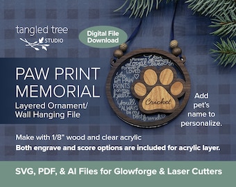 Laser SVG, PDF, AI Files – Pet Paw Print Memorial Ornament/Wall Hanging - Glowforge and LightBurn Ready