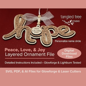 Archivos láser SVG/PDF – Archivo de adorno HOPE Peace, Love, & Joy – Sin producto físico – Glowforge y LightBurn probados y listos para usar