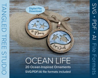 Archivos SVG para láser – Paquete de adornos de vida marina – Digital – Compatible con Glowforge y LightBurn