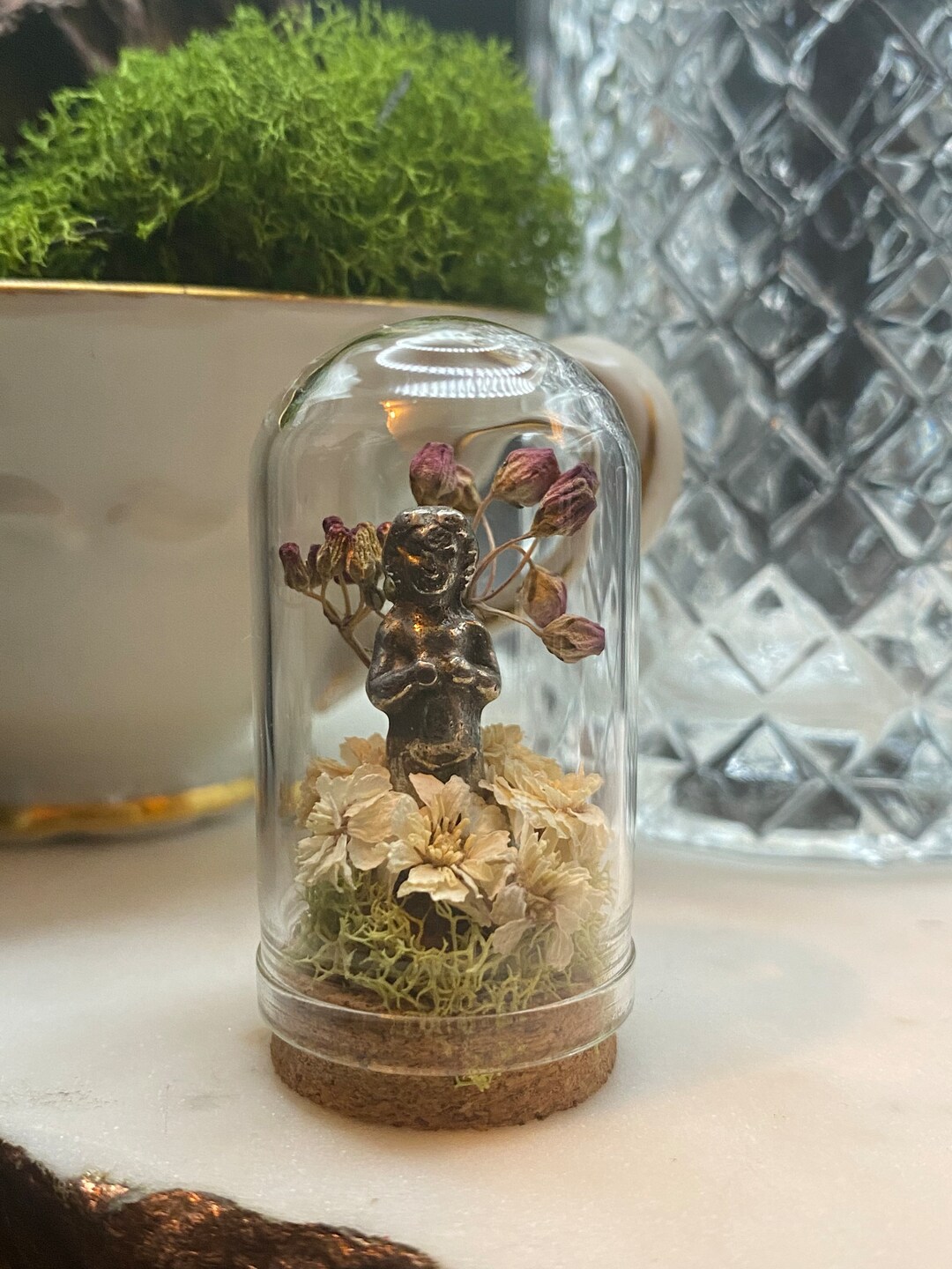 Curiosities Miniature Glass Dome Pewter Frozen Charlotte Dried