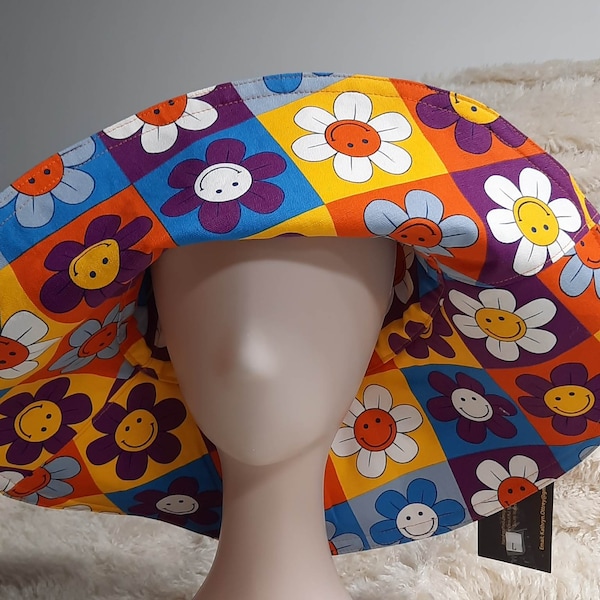 Wide Brim Bucket Hat Cotton  Women  Pattern Summer Sun Protection Cap Floppy brim - reversible  - happy flower