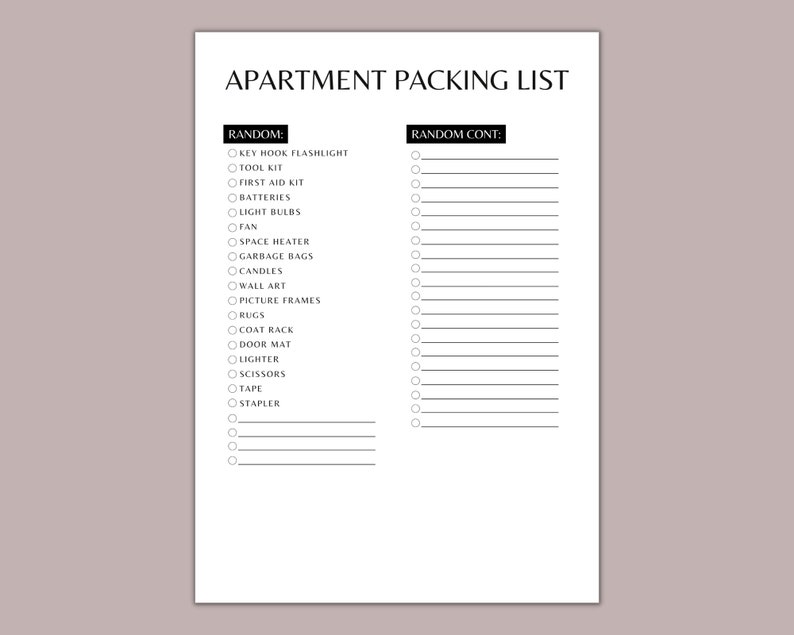Apartment Packing List Apartment Decor First Apartment Etsy