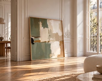 Large Sage Green Abstract Canvas Print, Neutral Earthy Modern Wall Art