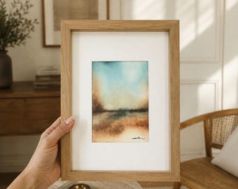 Original Abstract Landscape Watercolor Painting, Framed Blue and Brown Minimalist Wall Art