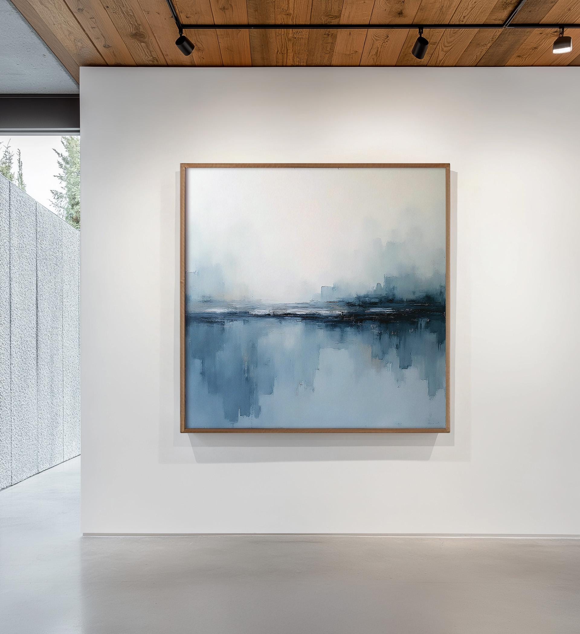 Calm Coastal Mist Abstract Art – Minimal Blue Landscape Large Wall ...