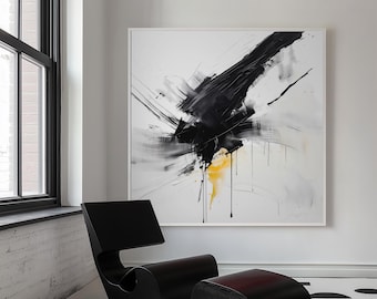 Black White Yellow Abstract Art Giclée Canvas