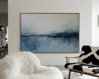 Calm Coastal Mist Abstract Art – Minimal Blue Landscape Large Wall Decor