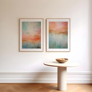 Láminas de arte abstracto Coral Sunset, decoración de pared neutra, descarga digital, color verde azulado melocotón pastel