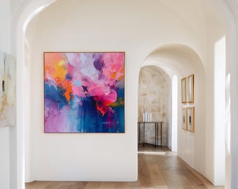 Large Colorful Abstract Poster Wall Art, Pink Blue Modern Home Decor Canvas