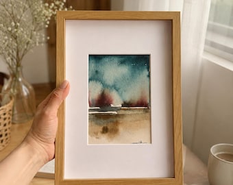Original Abstract Watercolor Painting Framed Minimalist Wall Art Handmade Landscape Decor