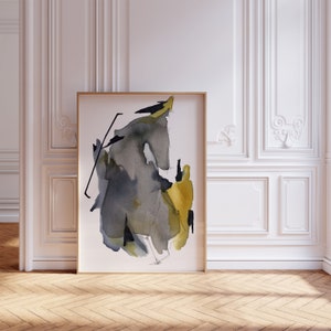 Abstract Watercolor Horse Painting in Black Gold and Gray, Modern Wall Art with Ink Line Details for Contemporary Minimalist Home Decor