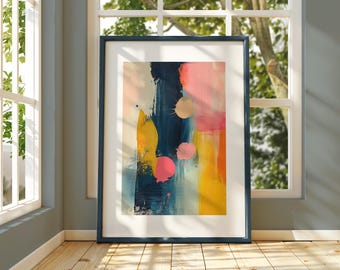 Colorful Abstract Modern Art Large Wall Art with Blue, Yellow, and Salmon Tones, Large Wall Art in Salmon Accents, Big Colors on canvas