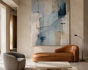 Blue Beige Minimalist Canvas Print, Wabi Sabi Abstract Art, Calm Neutral Wall Decor