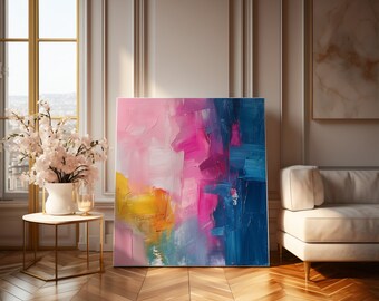 Stampe Su Tela Astratta Colorata - Quadri Moderni Rosa, Blu, Giallo - Blocchi Di Colore 40x60 Cm Senza Cornice