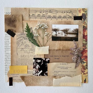 Kit de collage écologique avec du papier vintage, des chutes de tissu et des objets éphémères de la nature - Pack d'art de journal