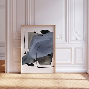 Modern Abstract Minimalist Wall Art in Blue Black and Gray Tones, Contemporary Watercolor Painting, Large Giclée Canvas Print for Home Decor