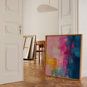 Arte mural abstracto y colorido, pintura moderna en rosa, azul y amarillo, impresión contemporánea en lienzo, obra de arte horizontal o vertical de gran tamaño.