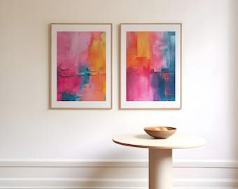 Vibrant Abstract Art Print Set: Pink, Orange, Blue (Digital Print)