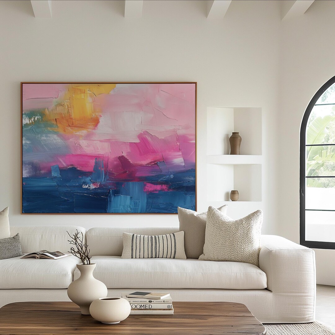 Large Colorful Abstract Canvas Wall Art, Pink Blue Yellow Giclée Print ...