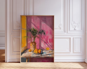 Tropical Still Life - Orange and Palm Plant Giclée Canvas Print, Vibrant Pink Wall Art, Sunny Window Scene, Modern Colorful Decor