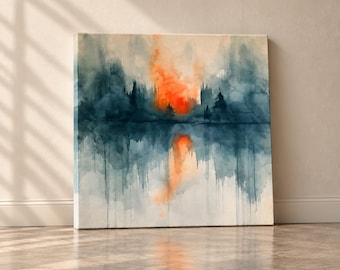 Large Teal Orange Abstract Canvas Print, Moody Modern Landscape Wall Art