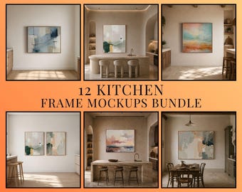 Kitchen Wall Art Mockups Bundle, 12 PSD Interior Scenes, Customizable Frames, Photoshop Mockup Set
