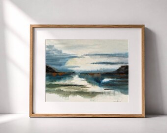Original Landscape Wall Art Framed Abstract Lake Painting Neutral Home Decor