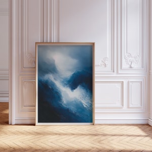 Night Blue Waves Abstract Wall Art Giclee Print,Modern Blue Wall Art for Living Room, Large Coastal Seascape Artwork, Deep Sea Wave Decor