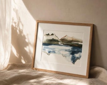 Original Abstract Landscape Wall Art Framed Neutral Lake Home Decor