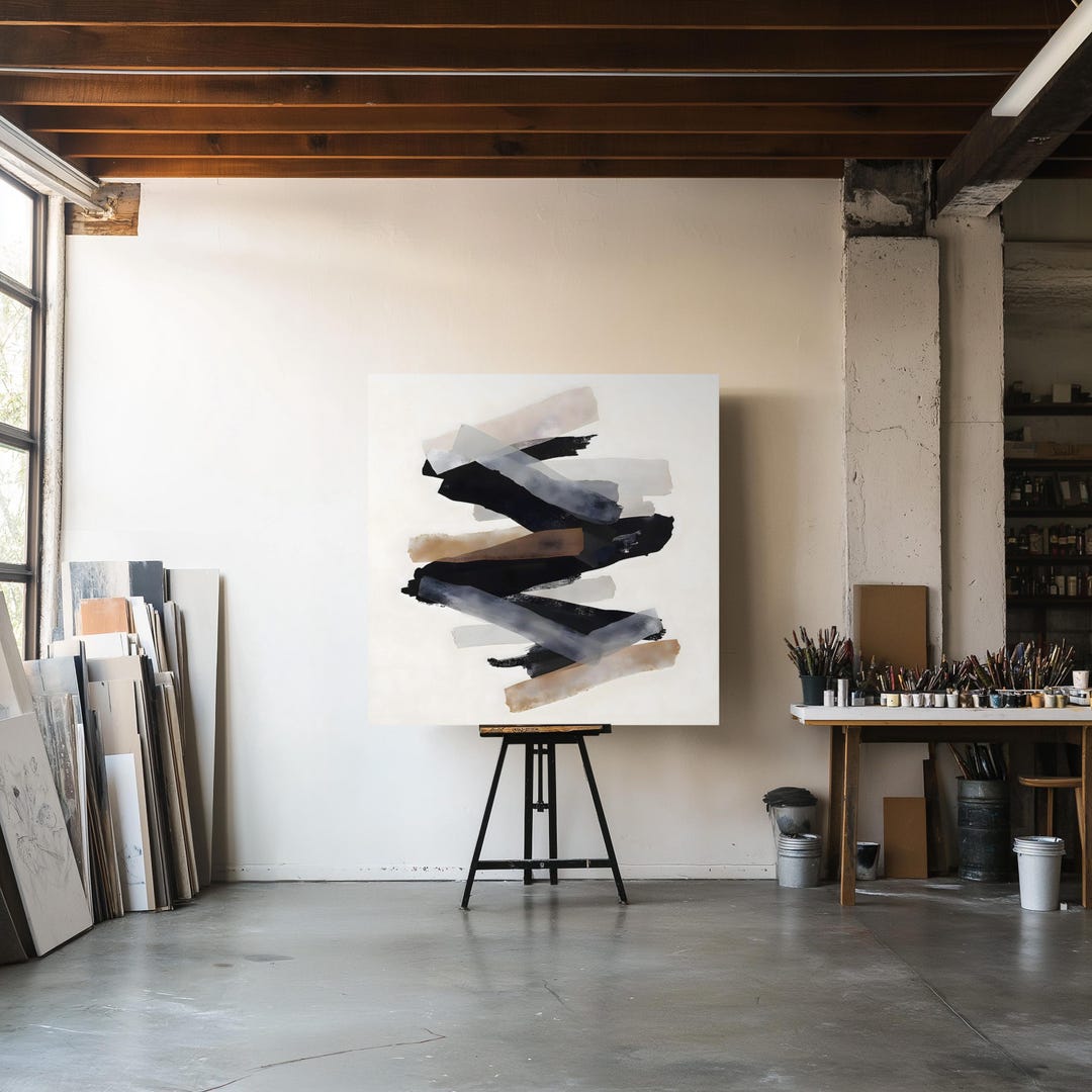 Neutral Abstract Wall Art Canvas Print Black Beige Modern Minimalist ...