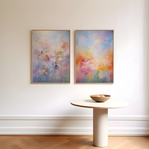 Arte abstracto floral pastel, conjunto de pinturas suaves y coloridas, impresiones de arte abstracto, pinturas abstractas, arte de pared abstracto, póster de arte abstracto