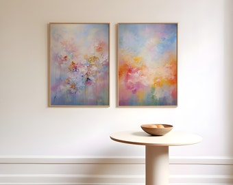 Pastelbloemen abstracte kunstprintset: zacht kleurrijk muurdecor (digitale print)