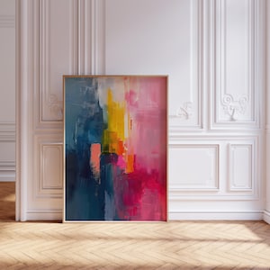 Colorful Abstract Canvas Wall Art, Modern Artwork with Bold Pink, Blue, and Yellow Brush Strokes, Contemporary Home Decor