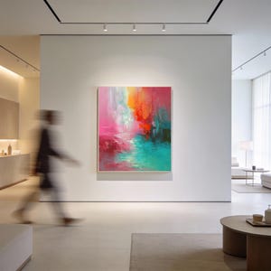 Pink Teal Abstract Canvas Wall Art for Modern Home Office Interior