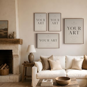 May include: Four rectangular wall frames with thin brown borders arranged on a light wall. Each frame contains a light-colored print with the text "YOUR ART" in large, dark, centered lettering, along with smaller decorative text and graphic elements.