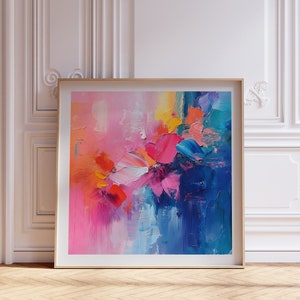Abstract Floral Wall Art, Pink Blue Orange Canvas Print, Colorful Modern Painting, Contemporary Large Square Artwork