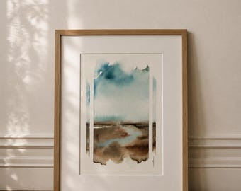 Original Watercolor Landscape Painting Framed Neutral Wall Art