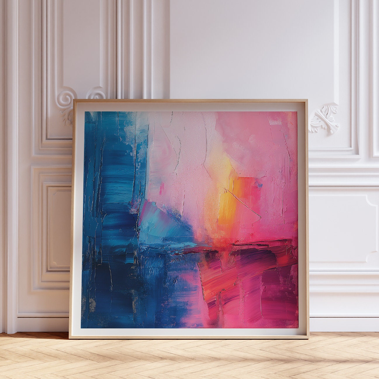 大胆なピンクとブルーの抽象的なキャンバスプリント、カラフルでモダン